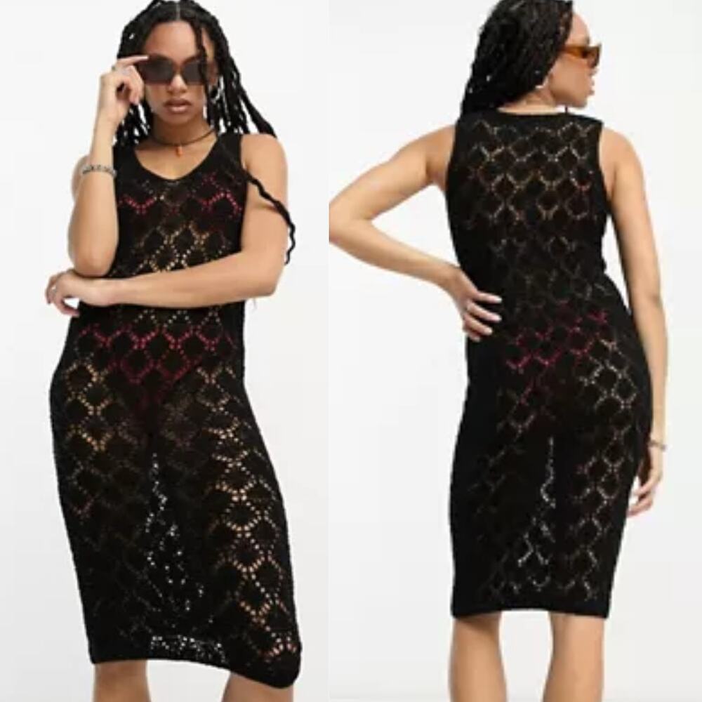 ASOS DESIGN Women's Knitted Sleeveless Midi Dress 14 Black Open Stitch Boho